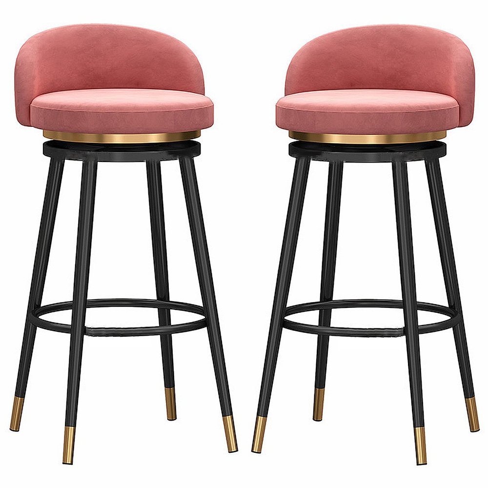 Round Bar Stools Set of 2, 65/75cm Height Bar Chairs 360 Swivel Counter Height Stools with Velvet Upholstered Seat and Black Metal Legs, Modern Tall Bar Stools for Kitchen Counter Bistro Pub