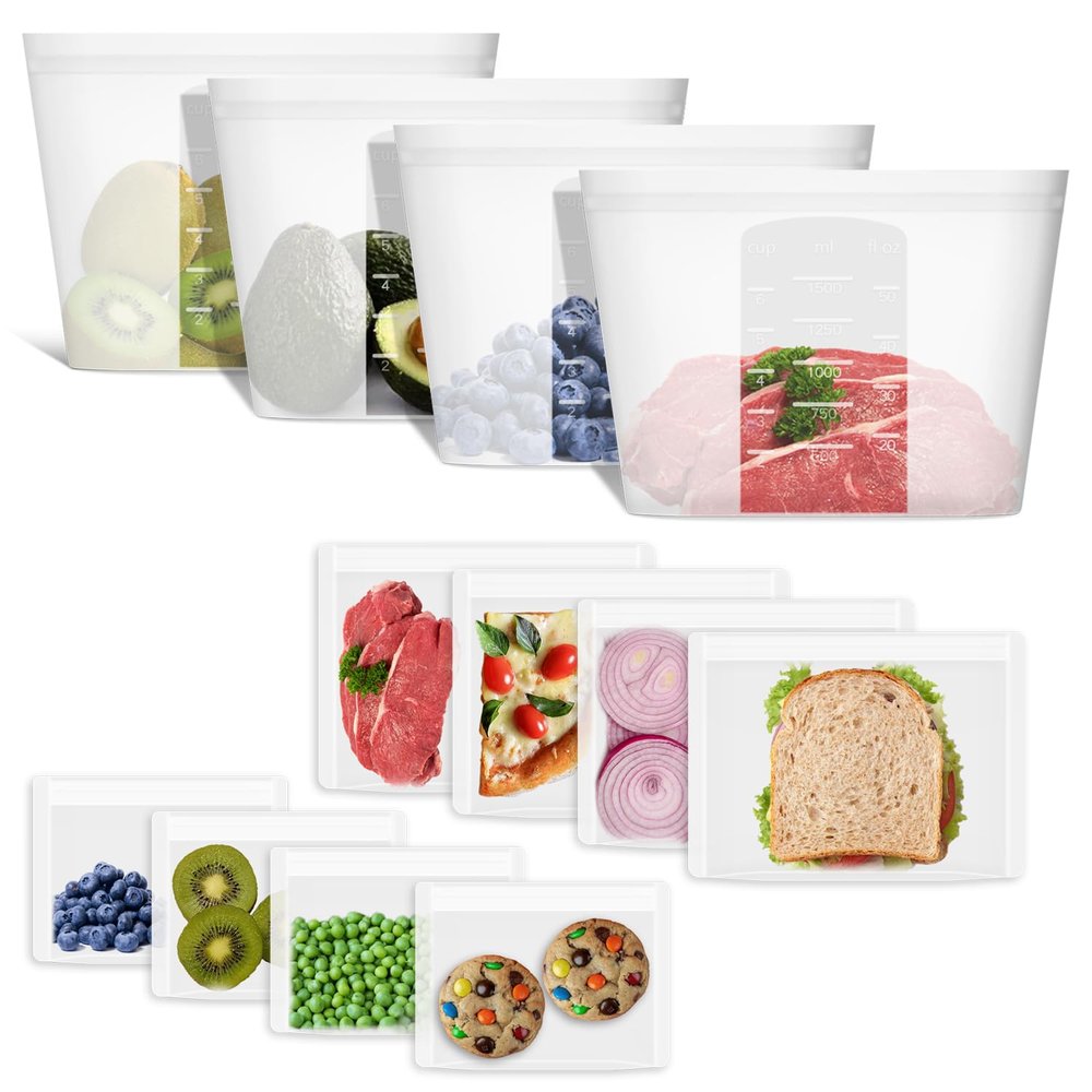 Bundle of 4 Pack 100% Silicone Reusable Food Storage Bags 50.7oz Translucent + 8 Pack 100% Silicone Reusable Sandwich Bags & Snack Bags
