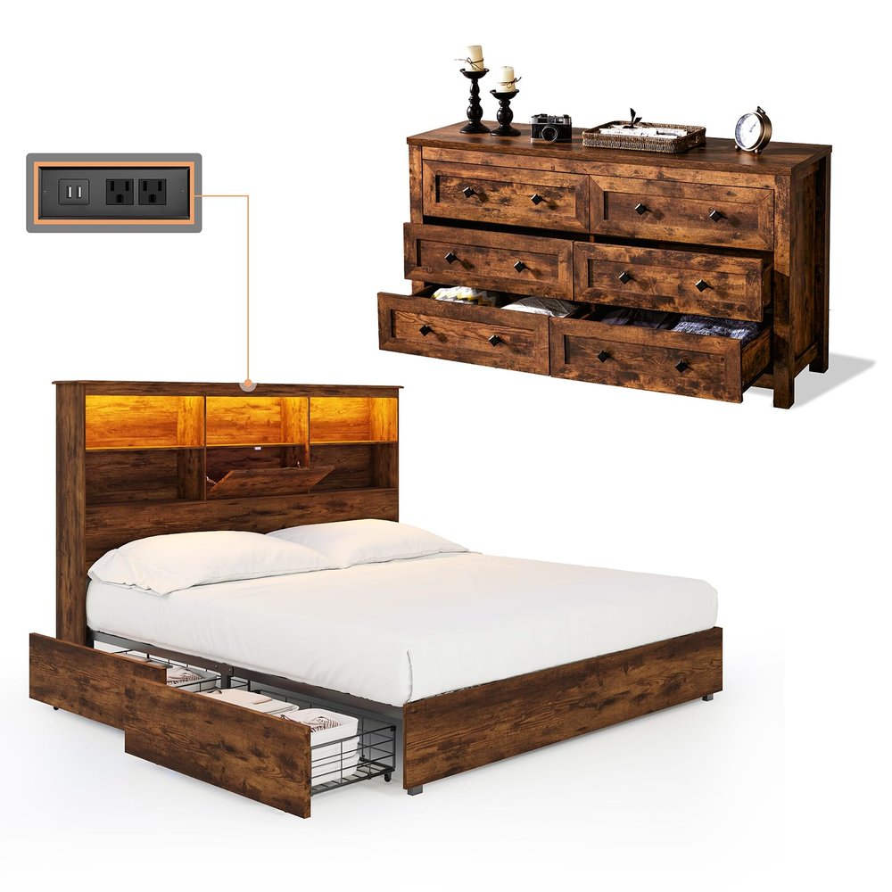 AMERLIFE 2-Piece Bedroom Set, Queen Bed Frame & 6 Drawer Dresser, Platform Bed with 51.2" LED Bookcase Headboard & Under-Bed Storage, Farmhouse Wood Bedroom Furniture Set