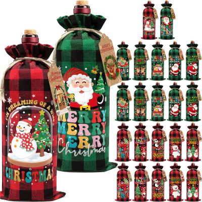 24PCS Burlap Wine Bag Christmas Wine Gift Bags, Drawstring Retro Christmas Bottle Cover Gift Bag w/ Tag, Buffalo Plaid Wines Bags for Bottles Gifts Reusable Bottle Covers for Xmas Holiday Party Decor