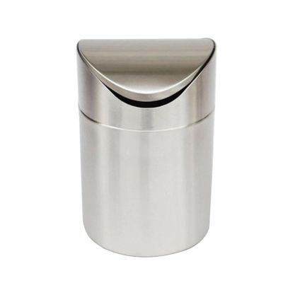 DUANZEYUQA Wastepaper Basket Small Trash Can Mini Stainless Steel Desktop Trash Can Swing Cover Desktop Storage Bucket Dining Table Tube Garbage Can(Blue)(Metallic)