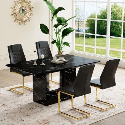 63'' Marble Dining Table Set for 4, 5 Piece Dining Table Set, Rectangular Marble Pattern MDF Dining Table Top and Base, 4 PU Leather Dining Chairs with Chrome Plated Metal Legs for Dining Room.