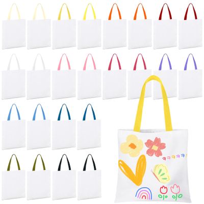 VELTAUTY 8.5 x 8 Inch Mini Tote Bags Sublimation Blanks Tote Bag Small Canvas Tote Bag Reusable Grocery Bags (12, White With Colorful Handle, 8 x 9 Inch)