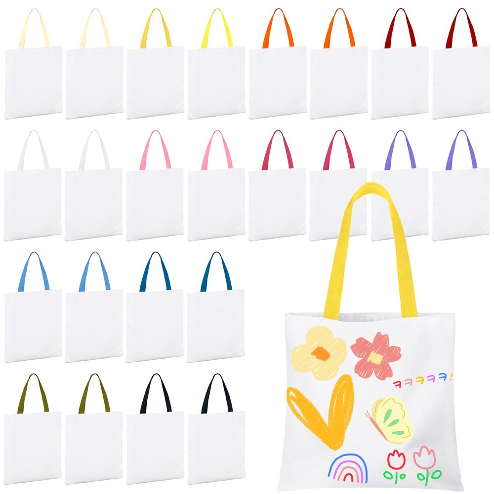 VELTAUTY 8.5 x 8 Inch Mini Tote Bags Sublimation Blanks Tote Bag Small Canvas Tote Bag Reusable Grocery Bags (12, White With Colorful Handle, 8 x 9 Inch)