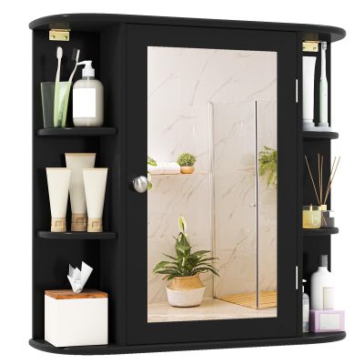 Tangkula Bathroom Medicine Cabinet with Mirror, Modern Wall Mounted Space-Saving Storage Organizer with Mirrored Door, 4 Internal Shelves & 6 Open Side Shelves, Bathroom Wall Cabinet (Black)