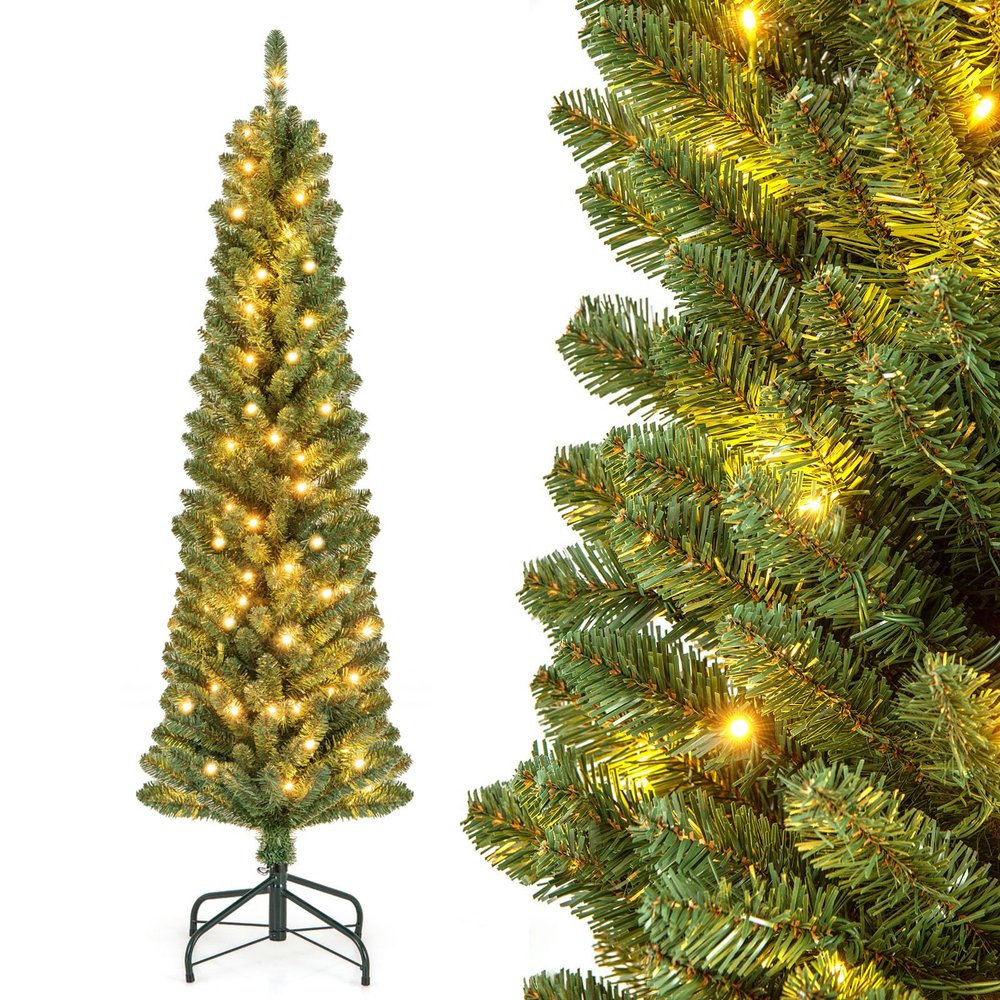 Goplus 5ft Pre-Lit Slim Pencil Christmas Tree with Quick Shape Technology