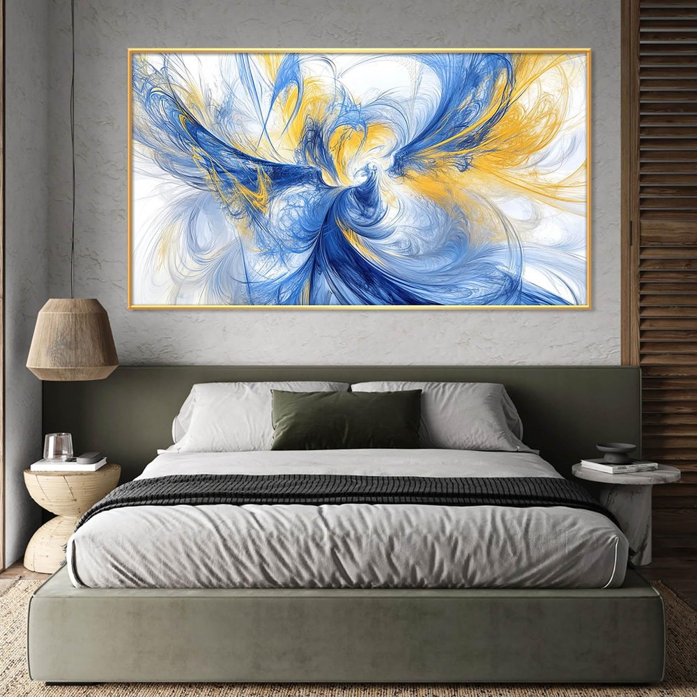 Abstract Blue Canvas Wall Art, Modern Canvas Print, Blue Bright Motion Composition Art, Abstract Art Wall Decor, Blue Wall Decor, Prints for Wall Decor, Home Office Decor (Gold Frame, 59"x33"|150x84cm)