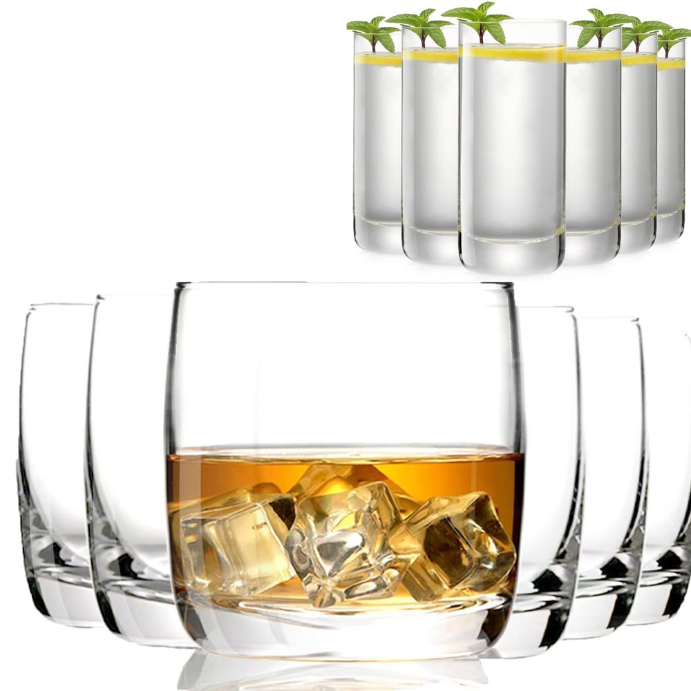 13oz Highball Glasses Set of 6 with 10.5oz Lowball Glasses Set of 6, Premium Crystal Drinking Glasses for Whiskey, Scotch, Cocktail and Juice