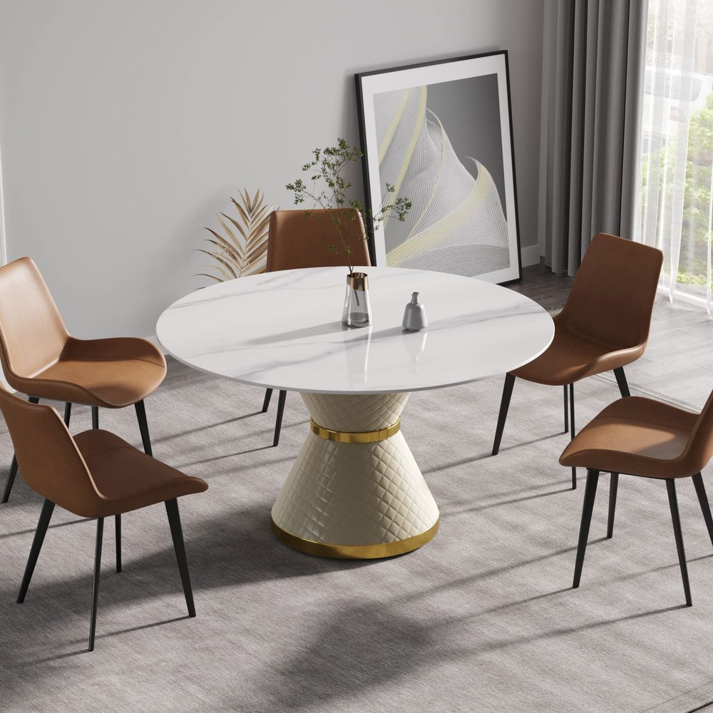 53.15" White Faux Marble Round Dining Table Set for 4-6, Morden Sintered Stone Dining Room Table Set with 4 Faux Leather Brown Dining Chairs for Dining Room
