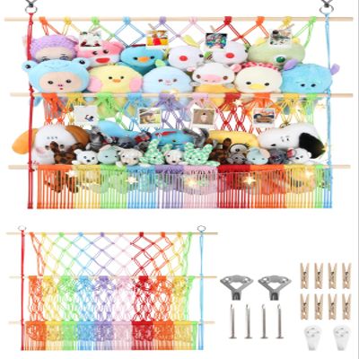 2 Tier Stuffed Animal Storage Shelf Net, 35x30'' Large Plushie Net w/ 2.4/1'' Dense Mesh for Mini Medium Stuffy Teddy, Rainbow Boho Macrame Toy Holder Display w/ Lights&Clips for Nursery Kid Girl Boy