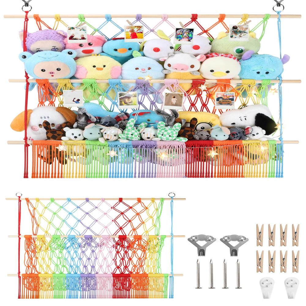 2 Tier Stuffed Animal Storage Shelf Net, 35x30'' Large Plushie Net w/ 2.4/1'' Dense Mesh for Mini Medium Stuffy Teddy, Rainbow Boho Macrame Toy Holder Display w/ Lights&Clips for Nursery Kid Girl Boy