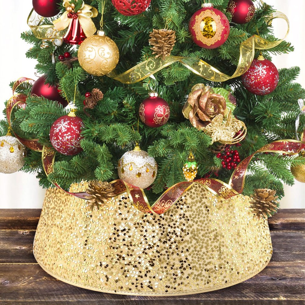 LIHAO Gold Christmas Tree Collar, 24 Inch Sequin Christmas Tree Skirt, Christmas Tree Base Cover Stand, Glitter Xmas Tree Ring for 3ft 4ft 5ft 6ft Artificial Trees Festival Decor Home Party