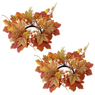 2Pcs Fall Candle Ring 9.8 Inch Autumn Candle Ring Artificial Maple Leaf Wreath Thanksgiving Candle Ring Holder Mini Fall Wreath for Pillars Centerpiece Tabletop Decoration Mini Fall Wreath Small Fall