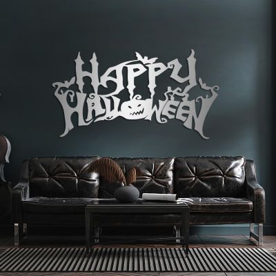 Happy Halloween Metal Wall Decor, Happy Halloween Letter Wall Art, Pumpkin Bat Metal Decor, Wall Art for Living Room (Silver, 24"x13"|60x32cm)