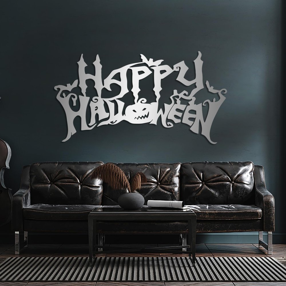 Happy Halloween Metal Wall Decor, Happy Halloween Letter Wall Art, Pumpkin Bat Metal Decor, Wall Art for Living Room (Silver, 24"x13"|60x32cm)