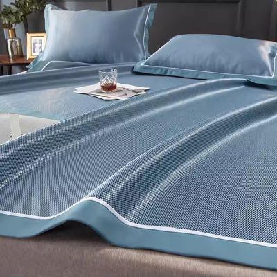 Ice Silk Cooling Mat Foldable Summer Cooling Bedding Mat, Ice Rattan Mat 3 Piece Set, Comfort Soft Nonslip Matting Cover for All Seasons(Blue,200 * 220cm)
