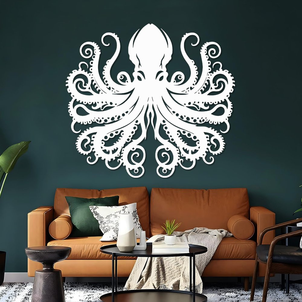 Octopus Metal Wall Art, Large Metal Octopus Wall Decor, Ocean Monster Art, Sea Life Decor, Nautical Wall Art for Bathroom, Living Room (White, 24"x22"|60x55cm)