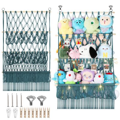 iHansee 3 Tier Stuffed Animal Storage Shelf Net, 24x39 Inch Large Plushie Net w/LED Light & Clips for Mini Medium Stuffy Teddy, Aqua Boho Macrame Wall Toy Holder Display for Nursery Kids Girls Boys