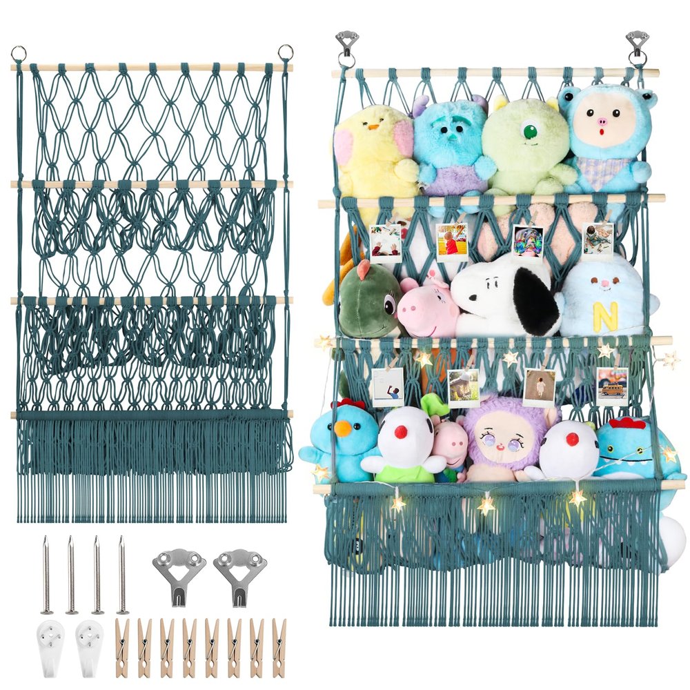 iHansee 3 Tier Stuffed Animal Storage Shelf Net, 24x39 Inch Large Plushie Net w/LED Light & Clips for Mini Medium Stuffy Teddy, Aqua Boho Macrame Wall Toy Holder Display for Nursery Kids Girls Boys