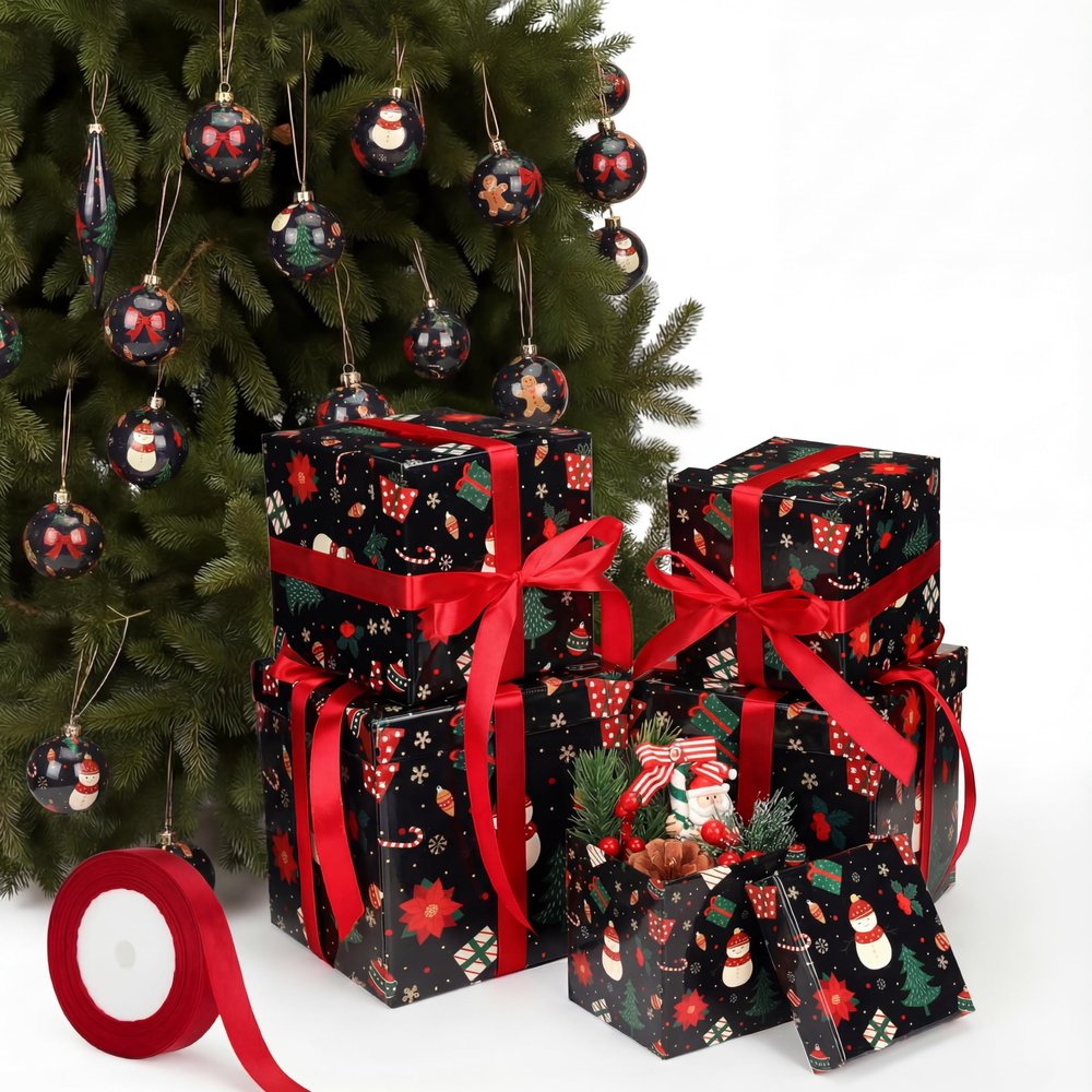 Cholemy 5 Pcs Christmas Nesting Gift Box Set with Lid - Assorted Size, Xmas Nested Box with Ribbon for Christmas, House Warming Gift Wrap (Burgundy Ribbon, Snowman)