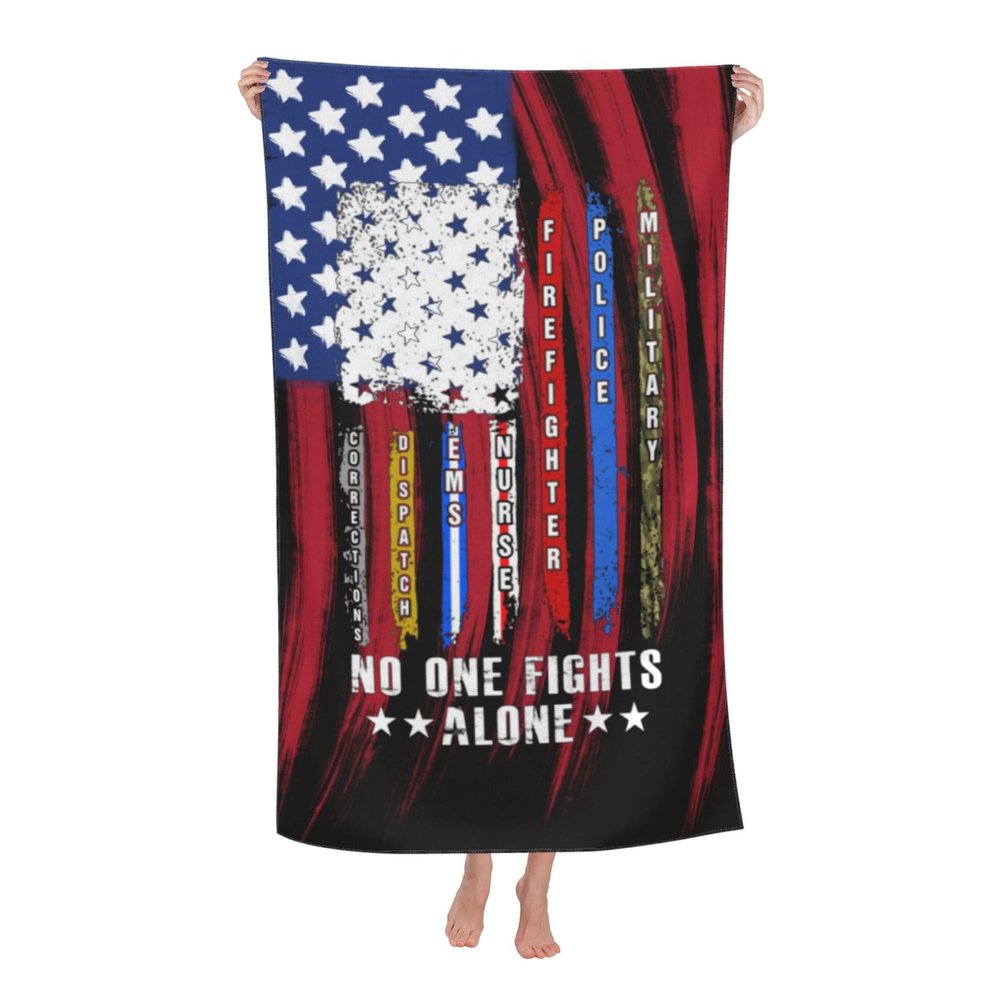 No One Fights Alone USA Flag Thin Line Military Police Nurse Beach Towel Bath Towel Absorbent Bathroom Towels Super Oversized 32x52 Inch