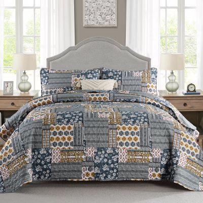 Mybedsoul Dark Grey Quilt Set King Size, 3 Pieces Plaid Floral Bedspread Set Patchwork Reversible Bedding Set Microfiber Lightweight Bedspread Coverlet Set for All Season 110"x90"