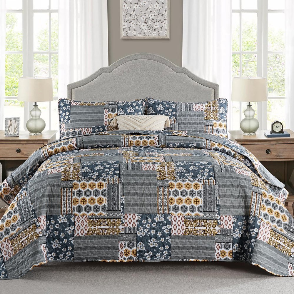 Mybedsoul Dark Grey Quilt Set King Size, 3 Pieces Plaid Floral Bedspread Set Patchwork Reversible Bedding Set Microfiber Lightweight Bedspread Coverlet Set for All Season 110"x90"