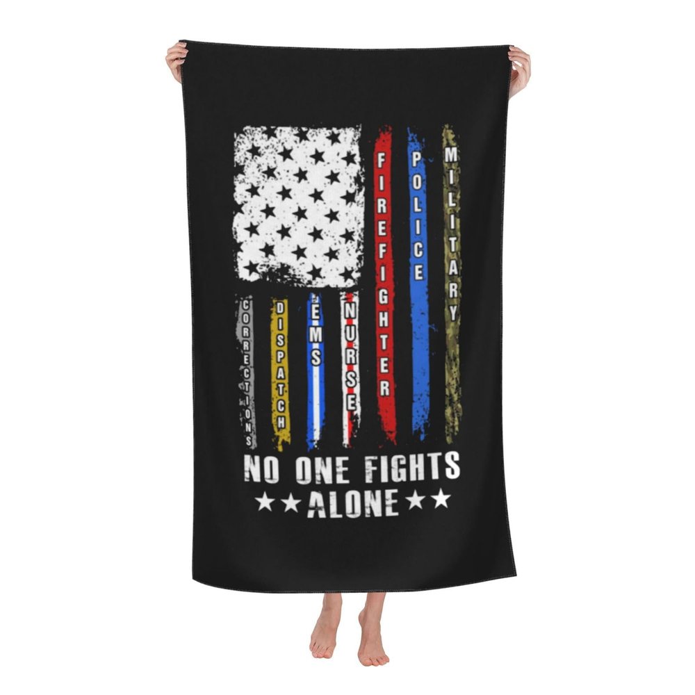 No One Fights Alone USA Flag Thin Line Military Police Nurse Beach Towel Bath Towel Absorbent Bathroom Towels Super Oversized 32x52 Inch