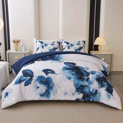 Koniroom 3 Pieces Blue and White Floral Comforter Set King Size, Flower Bedding with Watercolor Flowers Pattern for Women, Reversible All Season Comforter with 2 Pillow Shams