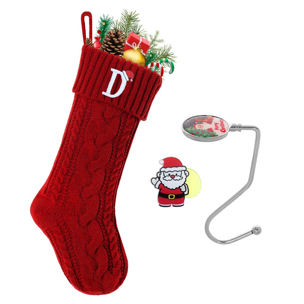guccde Christmas Stockings with Initials, Personalized Embroidered Monogram 18 Inches Knitted Christmas Stockings Fireplace Xmas Stockings for Kids,Family Holiday Party Decoration Red Letter D