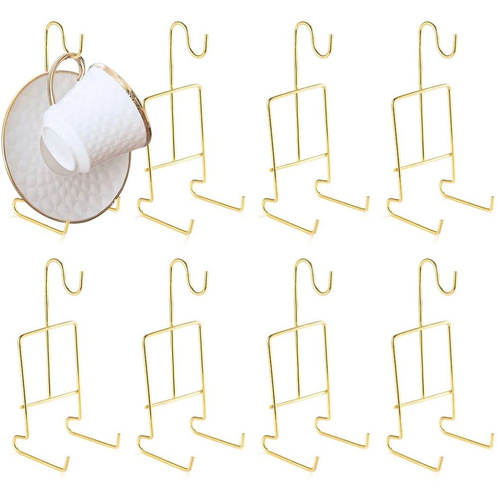 Tea Coffee Cups Plates Stand, 8 Pcs Metal Mug Organizer Rack, Cup And Saucer Display Stand, Golden Finish Teacup And Coffee Mug Rack Saucer Holders