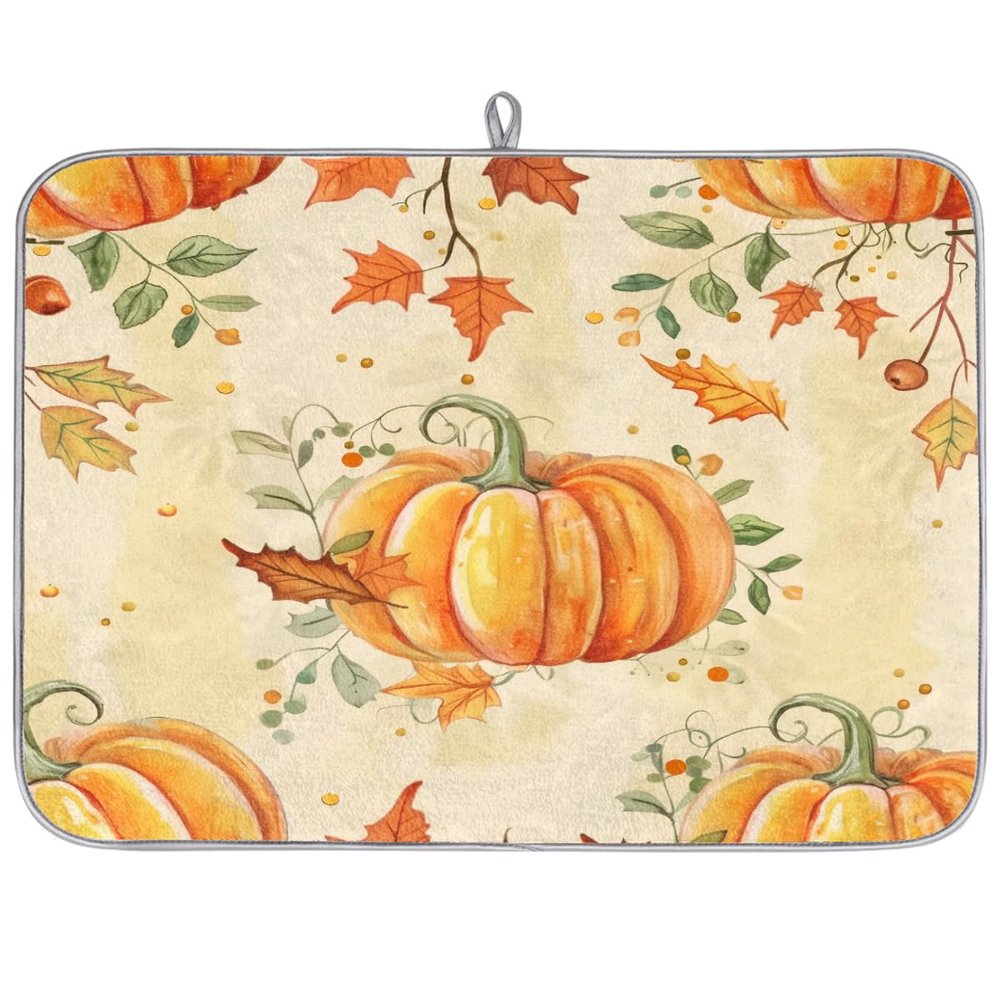 Thanksgiving Dish Drying Mat for Kitchen Counter,Autumn Pumpkins Fall Leaves Drying Mats Super Absorbent Microfiber Dishs Pad Coffee Bar Mat Extra Large 18 X 24 Inch