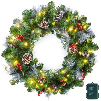 Christmas Wreath 24Inch Christmas Door Decorations Wreath with 50LED Lights, Long Pine Cones, Twigs, and Pine Needles for Door Window Mantel Indoor/Outdoor Home Decoration
