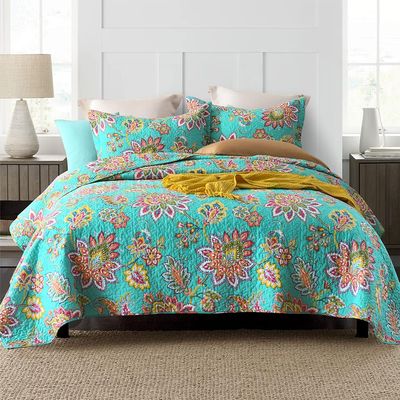 Wistown Cotton Bedspread Bedding Coverlet Quilt Sets, Reversible Vintage Branch Floral Bedspread comforters, (Vintage Turquoise Paisley Floral Pattern, Queen Size)