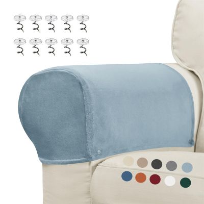 ZYANLING 2 Piece Thick Velvet Sofa Stretch Armrest Coverss Stretch Arm Covers for Chairs Couch Sofa Armchair Slipcovers for Recliner Sofa with 10 Twist Pins (Light Blue)