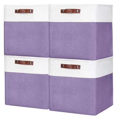 Bagnizer 13x13 Cube Storage Bins, Collapsible Fabric Storage Box, 4 Pack Closet Baskets with Handles for Organizing, Shelf, Toys, Clothes, Home, Office, Nursery (Purple&White)
