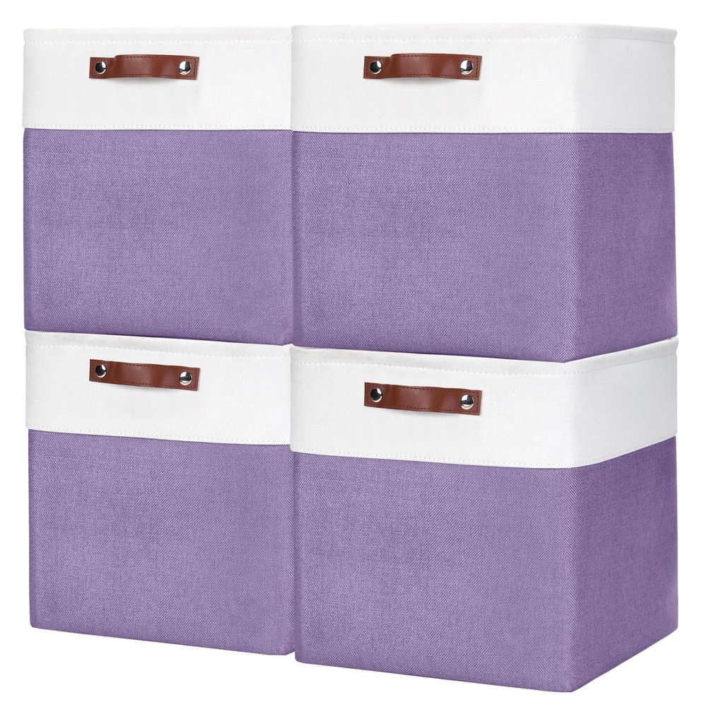 Bagnizer 13x13 Cube Storage Bins, Collapsible Fabric Storage Box, 4 Pack Closet Baskets with Handles for Organizing, Shelf, Toys, Clothes, Home, Office, Nursery (Purple&White)