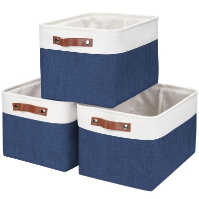 Bagnizer Storage Bins Large Fabric Storage Baskets for Shelves 3 Pack, Decorative Linen Closet Baskets with Handles for Organizing, Shelf, Clothes, Home, Office, 15x11x9.5Inches (NavyBlue&White)