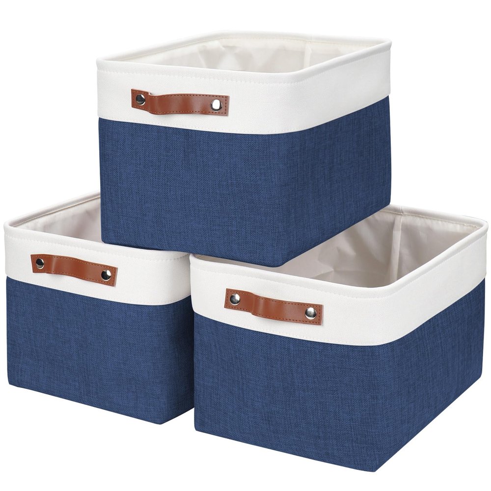 Bagnizer Storage Bins Large Fabric Storage Baskets for Shelves 3 Pack, Decorative Linen Closet Baskets with Handles for Organizing, Shelf, Clothes, Home, Office, 15x11x9.5Inches (NavyBlue&White)