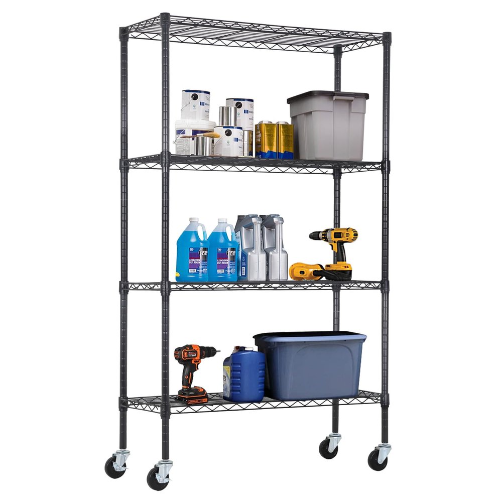 Dopinmin Shelf 4-Tier Wire Shelving Commercial Metal Shelf Rack 1400 LBS Capacity with Wheels Multi-Function for Laundry Bathroom Kitchen, Black