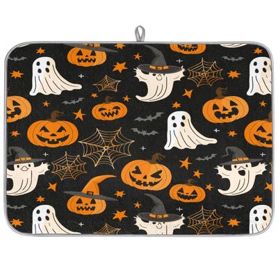 Halloween Dish Drying Mat for Kitchen Counter,Pumpkin Evil Ghost Spooky Web Print Drying Mats Super Absorbent Microfiber Dishs Pad Coffee Bar Mat Extra Large 18 X 24 Inch