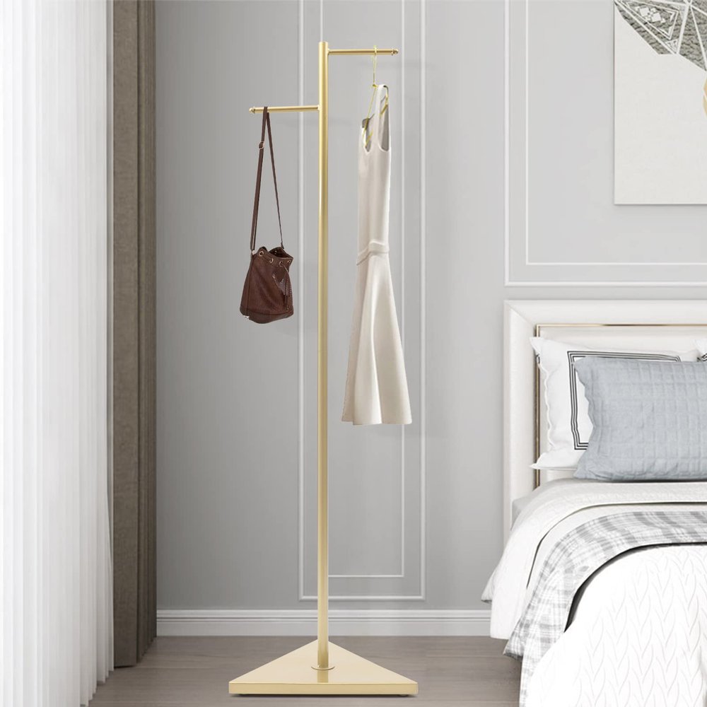 Genseino Portable Clothing Rack, Triangle Base Coat Rack with Anti-Slip Feet, Retail Display Racks Clothing Racks for Hanging Clothes, Skirt Jacket Coat Gold