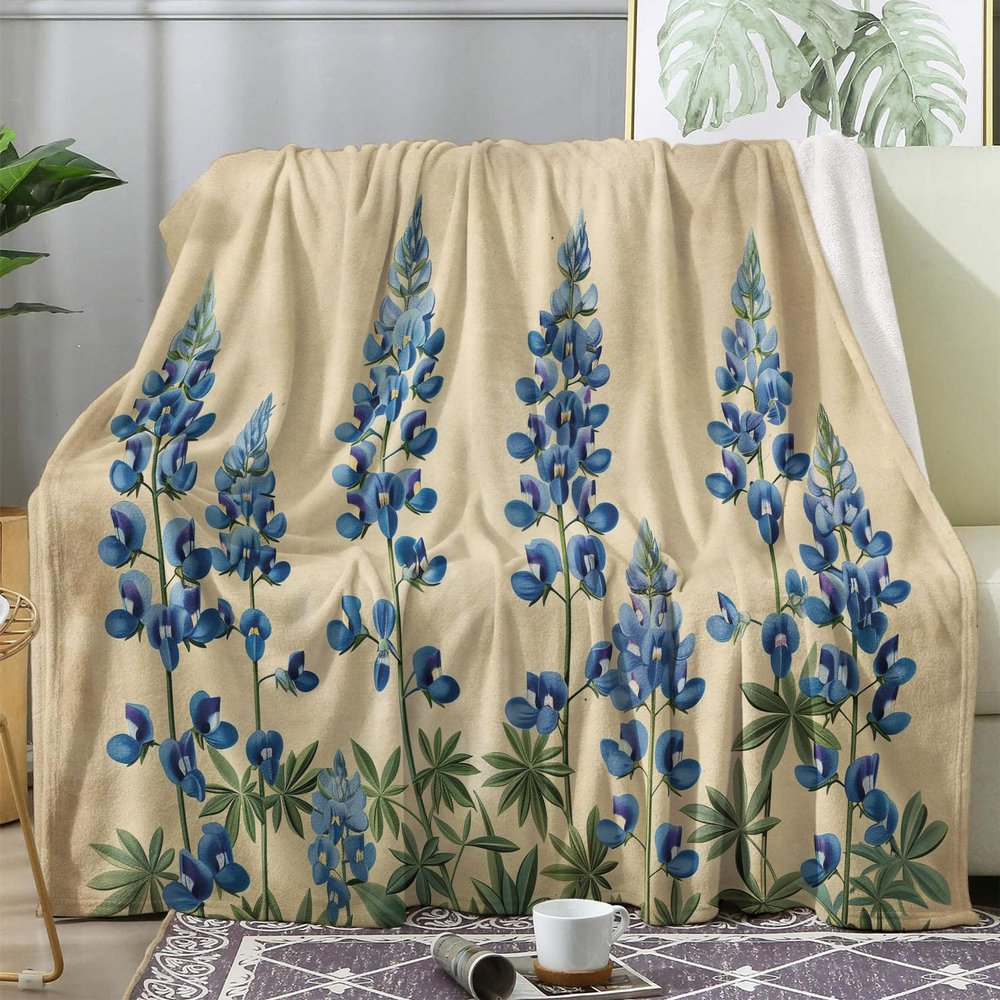 zcwl Bluebonnet Throw Blanket, Wildflower Fleece Blanket for Couch Bed Sofa, Floral Botanical Patterned Blankets and Throws, Super Soft Cozy Plush Flannel Blanket, 50x60, Decor