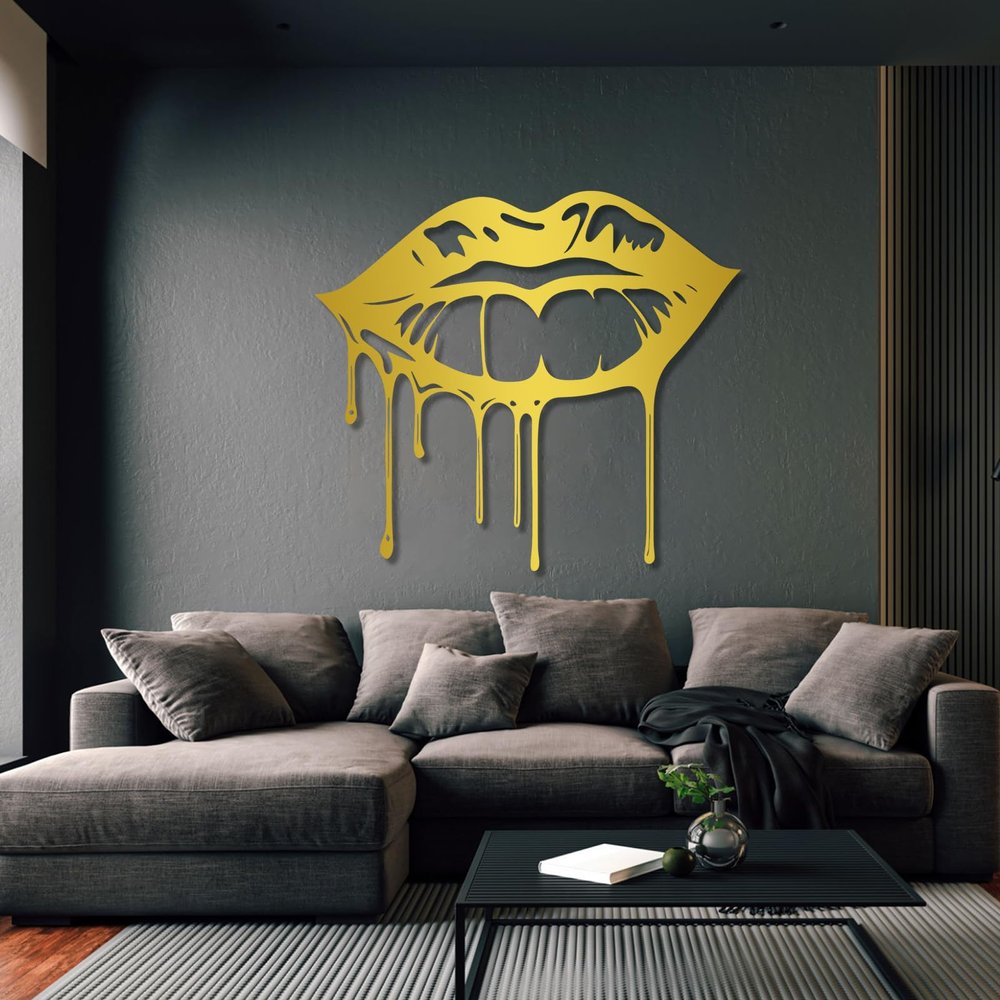 Gasijet Dripping Lips Metal Wall Art, Kiss Lips Wall Decor, Romantic Home Decor, Modern Wall Decor, Personalized Metal Sign, Home Decor Living Room, Bedroom Art (Gold, 44"x39"|112x99cm)