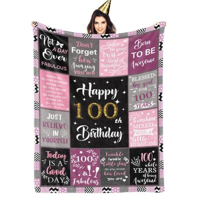 Gypsophila 100th Birthday Gifts for Women Blanket, 100th Birthday Party Supplies Decorations, Happy 100th Birthday Gifts for 100 Year Old Woman, 1924 Gifts for 100th Birthday Women Mom Grandma