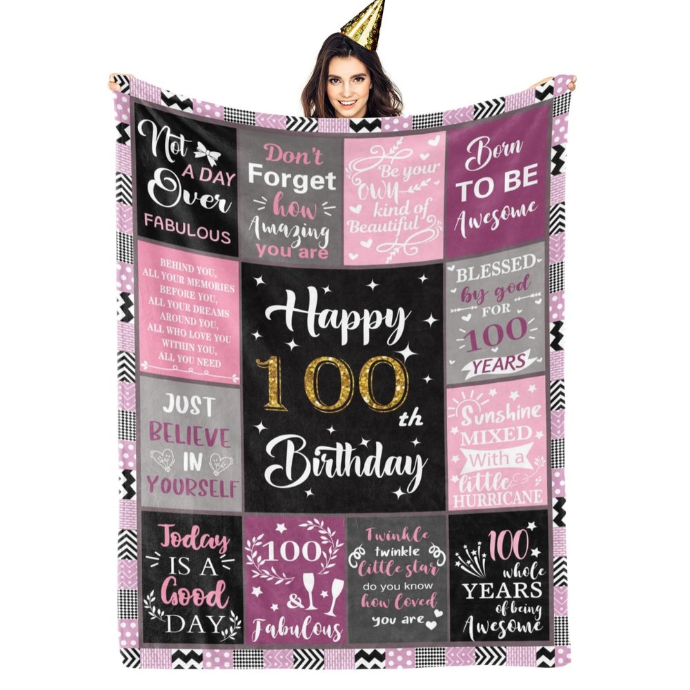 Gypsophila 100th Birthday Gifts for Women Blanket, 100th Birthday Party Supplies Decorations, Happy 100th Birthday Gifts for 100 Year Old Woman, 1924 Gifts for 100th Birthday Women Mom Grandma