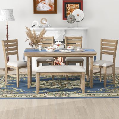 Farmhouse Dining Table Set for 6, Wood Dining Table with Chairs and Bench, 6 Piece Dining Table Set for Kitchen Dining Room Living Room, Natural Wood Wash