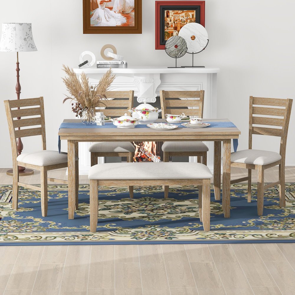 Farmhouse Dining Table Set for 6, Wood Dining Table with Chairs and Bench, 6 Piece Dining Table Set for Kitchen Dining Room Living Room, Natural Wood Wash