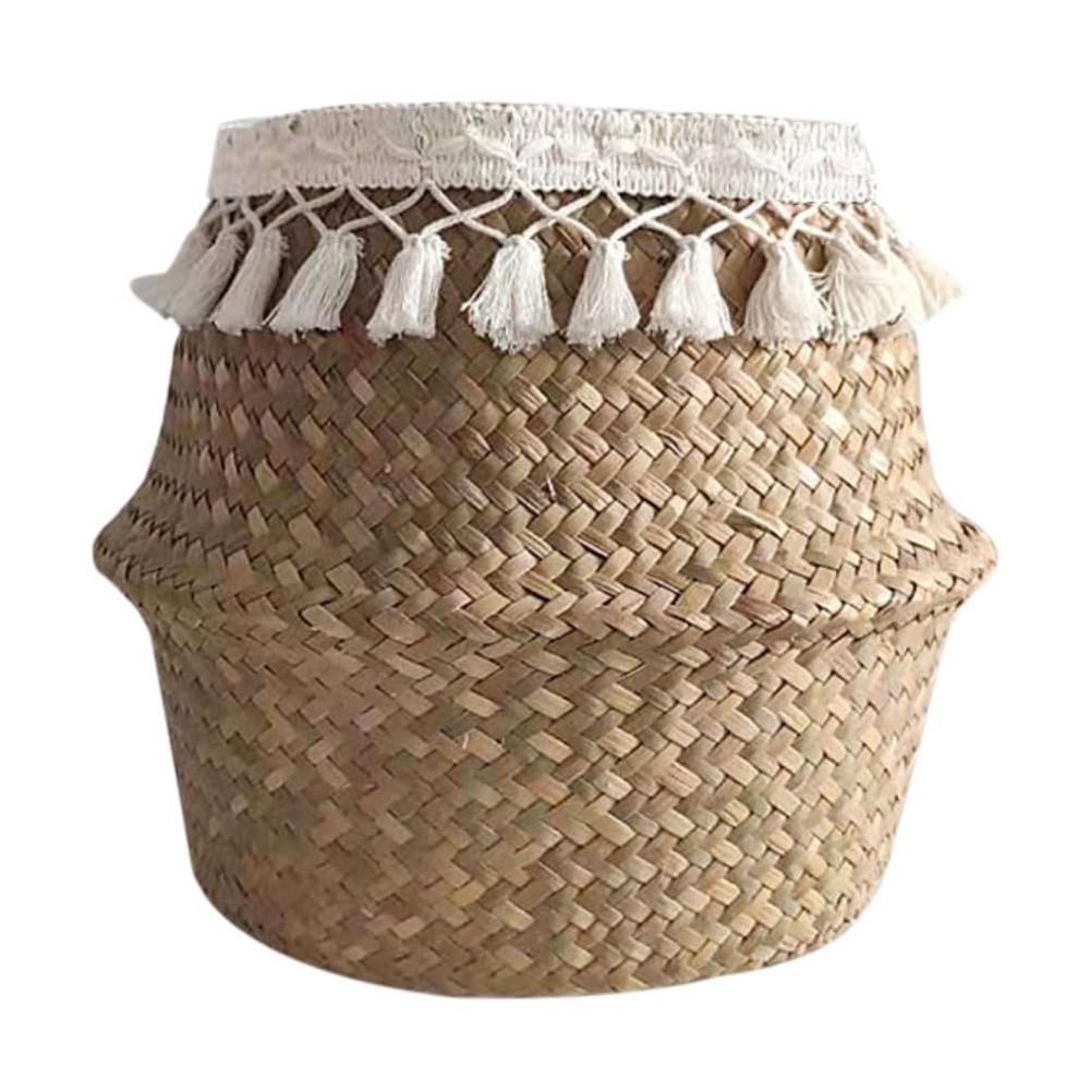 Shouhengda Woven Seagrass Plant Basket, Hand Woven Belly Basket with Handles, Storage, Decoration, Laundry, Picnic, Grocery (8.7 * 8.7 * 7.9in)