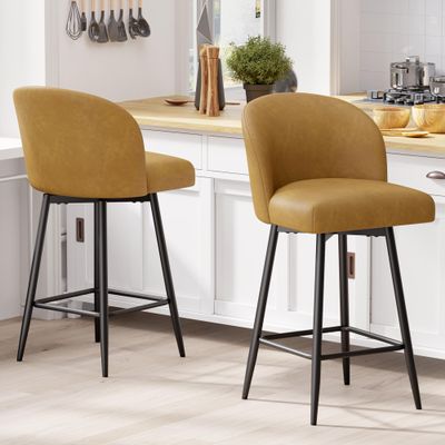 Daluvenix Counter Height Bar Stools Set of 2,360 Swivel Barstools with High Back and Metal Legs,26" Seat Height, Upholstered PU Leather Bar Chairs for Kitchen Island, Dining Room,Cafes,Yellow